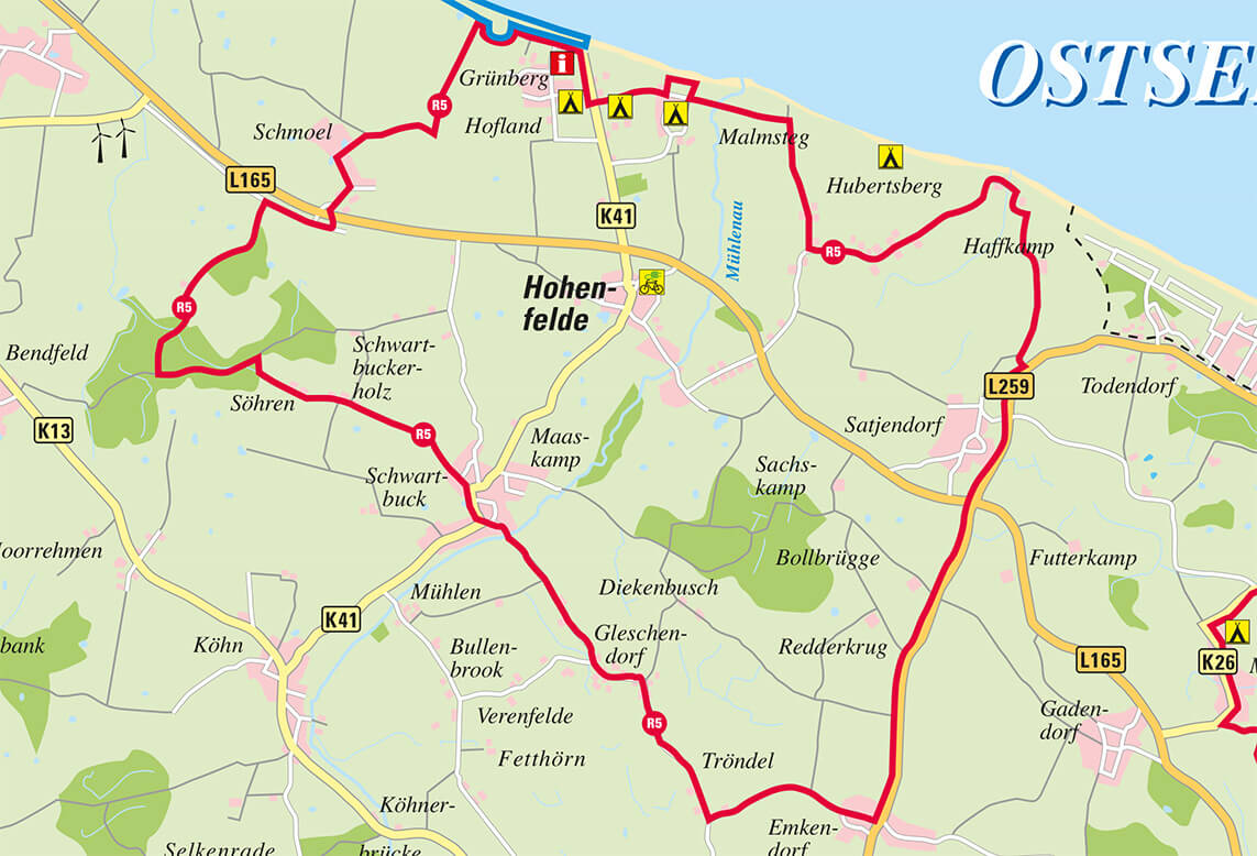 Radfahren Hotel Hohe Wacht Radfahren Hotel Hohe Wacht, Kartenausschnitt Radroute R5 an der Howachter Bucht