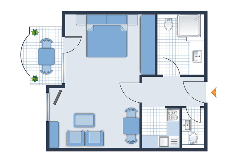 1-Zimmer-Komfortappartement Grundriss Grundriss 1-Zimmer-Komfortappartement, Eingangsbereich, Bad mit Dusche, Gäste-WC, Küche, Wohn- und Essbereich, Balkon