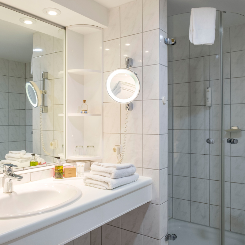 1-Zimmer Komfortappartement Bad 1-Zimmer-Komfortappartement Bad mit Waschbecken, Spiegel, Kosmetikspiegel, Handtücher, Kosmetikproben, rechts im Bild Dusche mit durchsichtiger Duschkabine, auf der Duschtür hängt ein weisses Handtuch