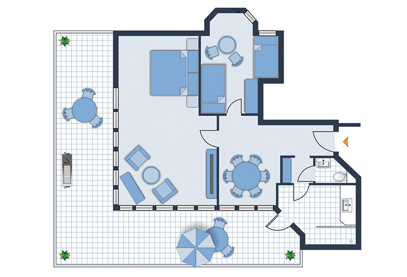 Kurpark-Suite Grundriss Grundriss Kurpark-Suite mit Eingangsbereich, Gäste-Wc, Bad, Schlafzimmer, Schlaf und Wohnbereich, Balkon rundum