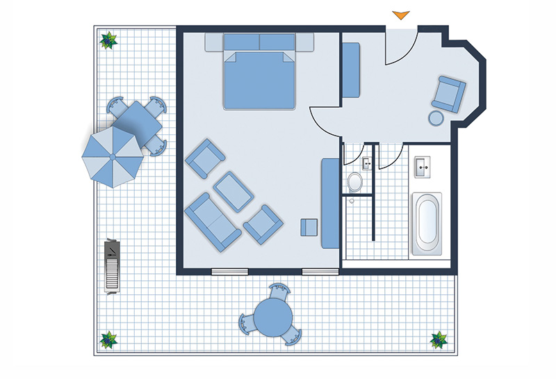 Ostsee-Suite Grundriss Grundriss Ostsee-Suite mit Eingangsbereich, Bad, Gäste-WC, Schlaf- und Wohnbereich, Balkon rundum