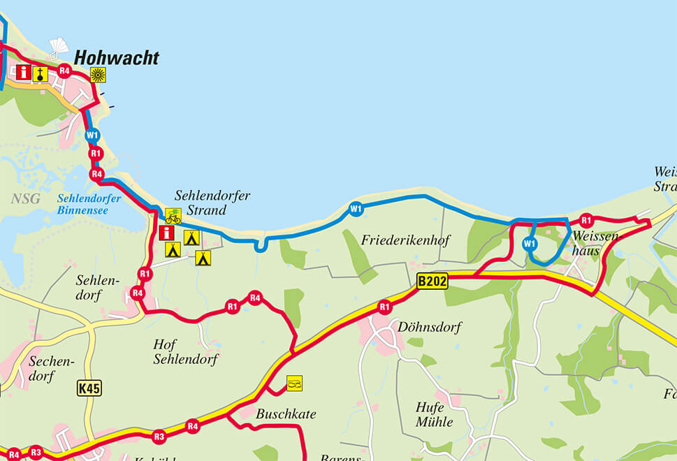 Wanderkarte von Hohwacht bis Weissenhaus an Döhnsdorf, Sehlendorf und Buschkarte